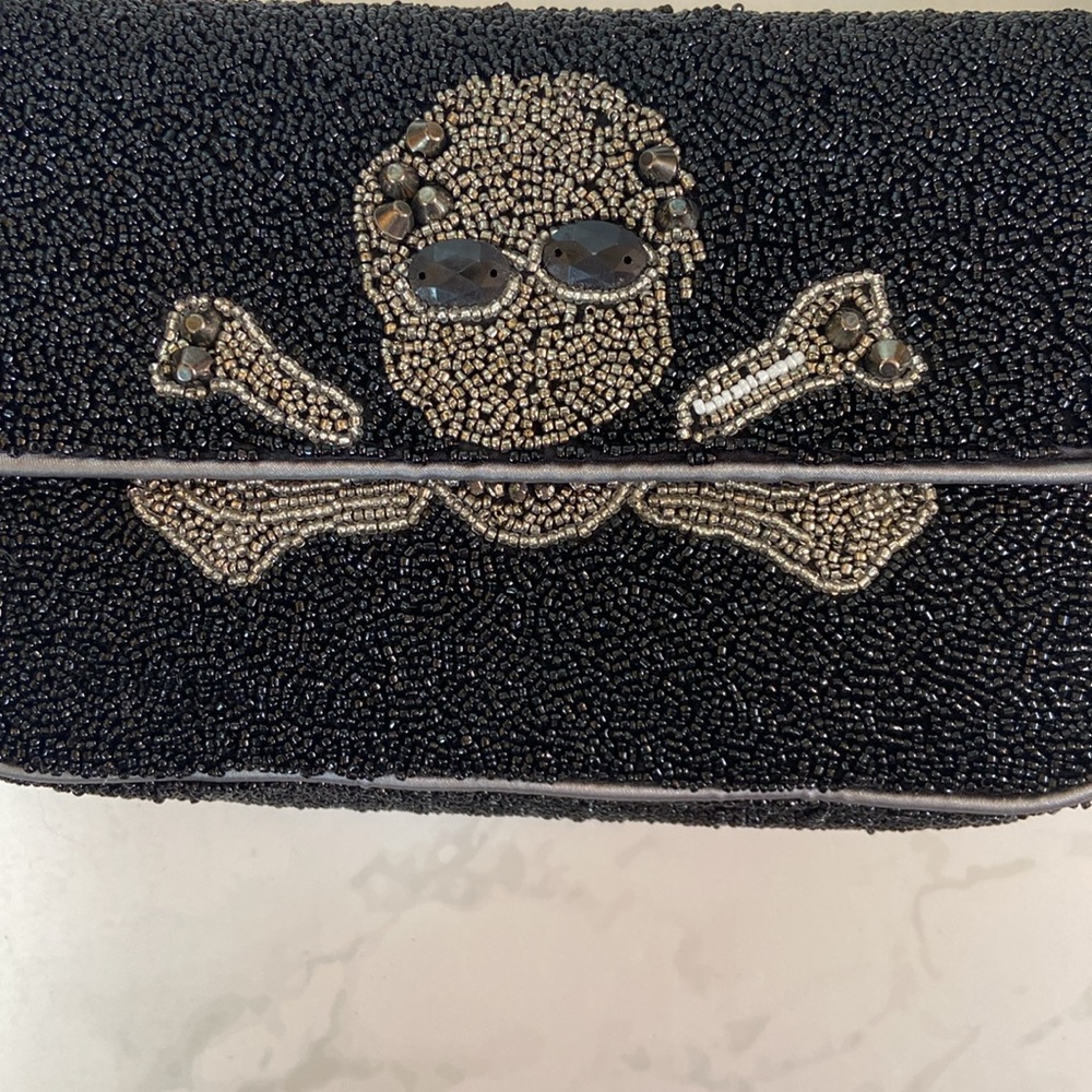 New Trending Halloween Viral Made in India Black Silver Beaded Bag Skull Bones - Picture 2 of 7